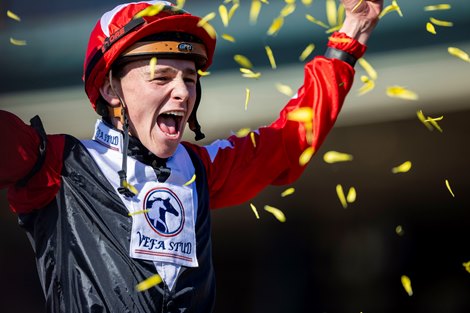 Billy Loughnane celebrates after riding Libertango to victory in the Grade 1 Breeders’ Cup Juvenile Turf Sprint, at Keeneland Racecourse in Lexington, KY on October 30, 2026.